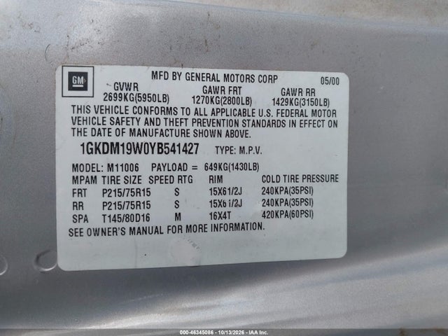 Продажа на аукционе авто 2000 Gmc Safari Sl, vin: 1GKDM19W0YB541427, номер лота: 46345086