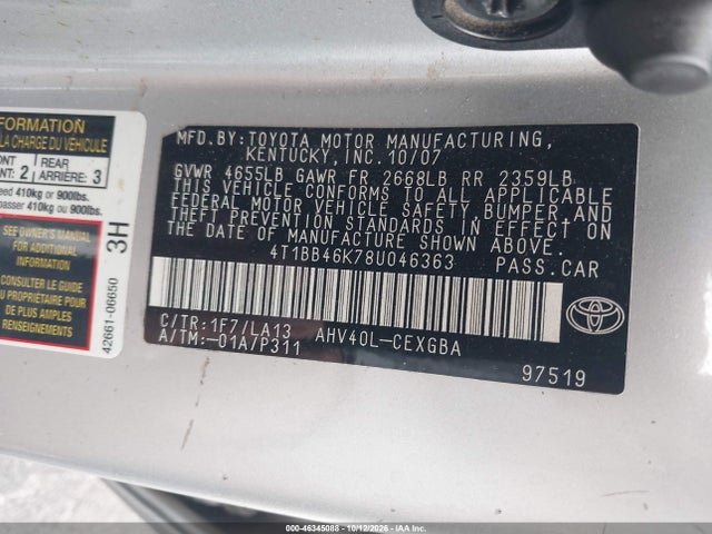 Продажа на аукционе авто 2008 Toyota Camry Hybrid, vin: 4T1BB46K78U046363, номер лота: 46345088