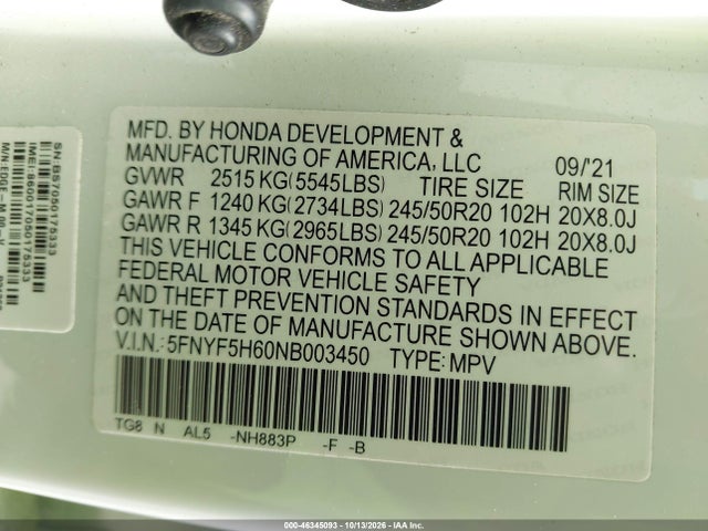Продажа на аукционе авто 2022 Honda Pilot 2wd Touring 7 Passenger, vin: 5FNYF5H60NB003450, номер лота: 46345093