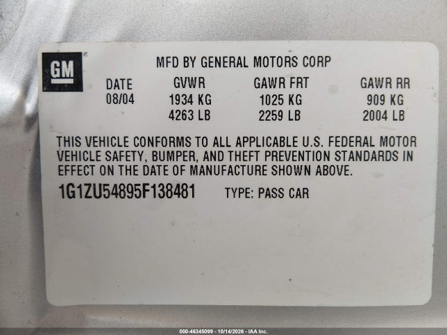 46345099 :رقم المزاد ، 1G1ZU54895F138481 vin ، 2005 Chevrolet Malibu Lt مزاد بيع