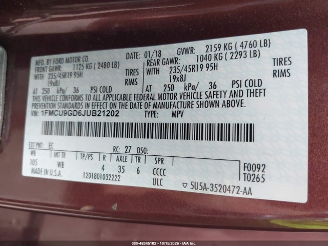 Aukcja sprzedaży 2018 Ford Escape Se, vin: 1FMCU9GD6JUB21202, numer aukcji: 46345102