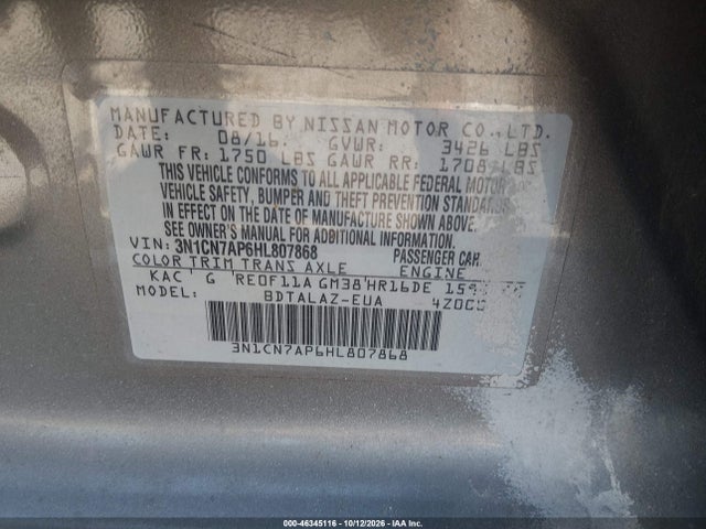 Aukcja sprzedaży 2017 Nissan Versa 1.6 S+, vin: 3N1CN7AP6HL807868, numer aukcji: 46345116