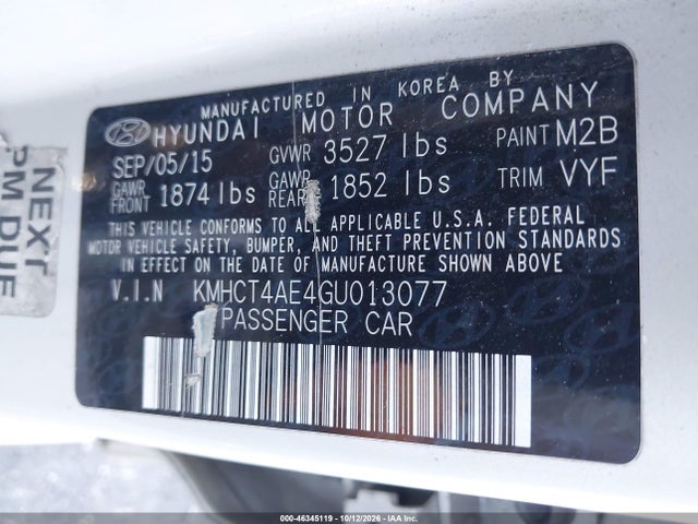 46345119 :رقم المزاد ، KMHCT4AE4GU013077 vin ، 2016 Hyundai Accent Se مزاد بيع