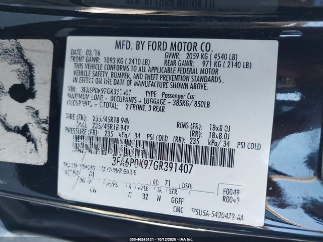 Aukcja sprzedaży 2016 Ford Fusion Titanium, vin: 3FA6P0K97GR391407, numer aukcji: 46345121