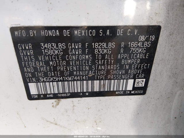Aukcja sprzedaży 2019 Honda Fit Lx, vin: 3HGGK5H41KM744141, numer aukcji: 46345128