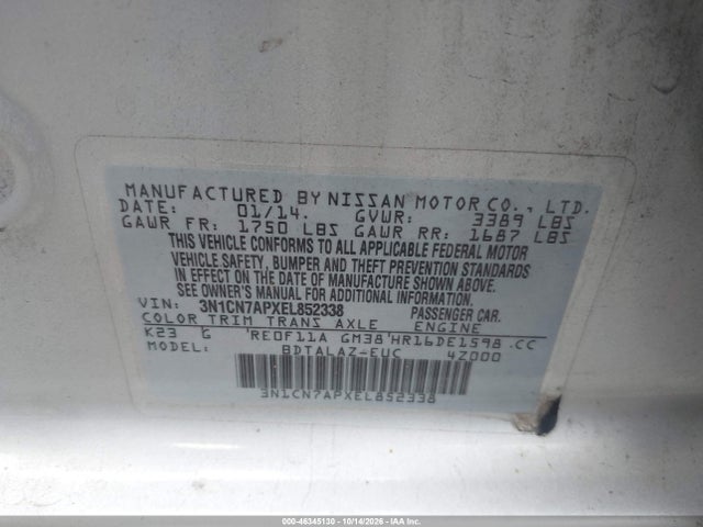46345130 :رقم المزاد ، 3N1CN7APXEL852338 vin ، 2014 Nissan Versa 1.6 S+ مزاد بيع