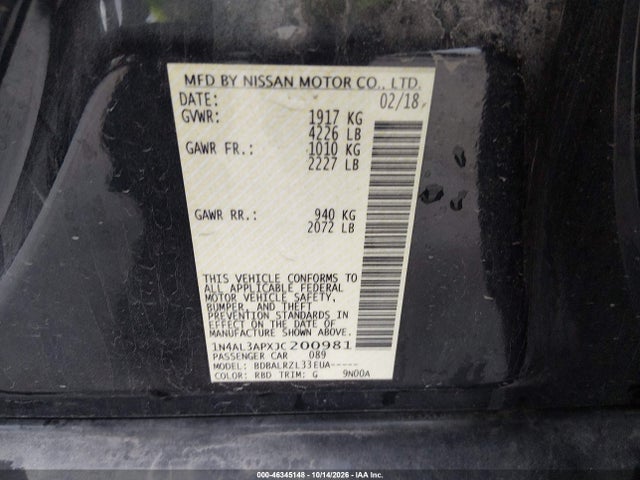 Продажа на аукционе авто 2018 Nissan Altima 2.5 Sl, vin: 1N4AL3APXJC200981, номер лота: 46345148