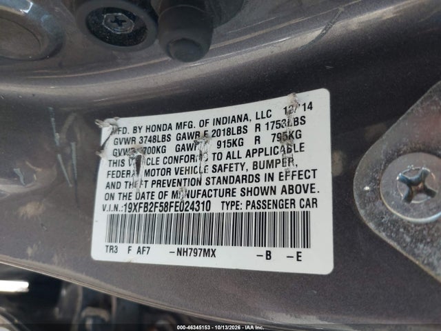 46345153 :رقم المزاد ، 19XFB2F58FE024310 vin ، 2015 Honda Civic Lx مزاد بيع
