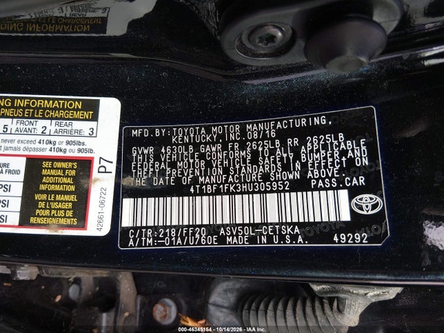 Toyota CAMRY SE 2017 4T1BF1FK2HU305952 Image 9