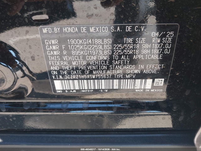 2025 Honda Hr-v 2wd Sport მანქანა იყიდება აუქციონზე, vin: 3CZRZ1H5XSM755637, აუქციონის ნომერი: 46345217