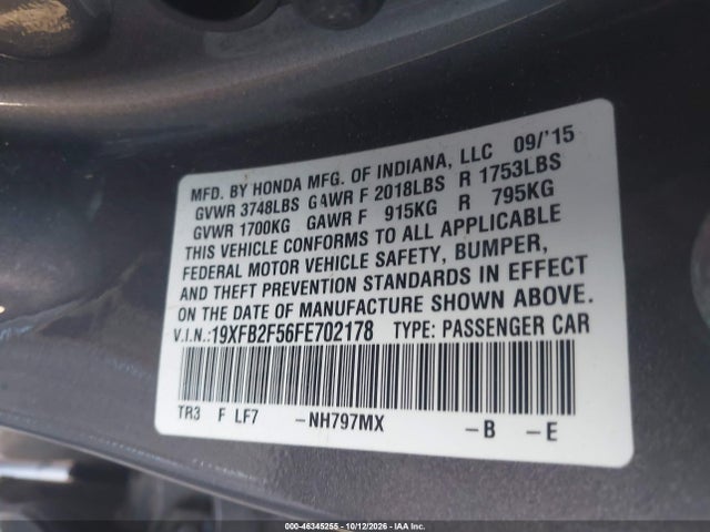 Продаж на аукціоні авто 2015 Honda Civic Lx, vin: 19XFB2F56FE702178, номер лоту: 46345255
