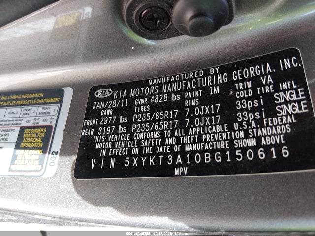 Продаж на аукціоні авто 2011 Kia Sorento Lx, vin: 5XYKT3A10BG150616, номер лоту: 46345285