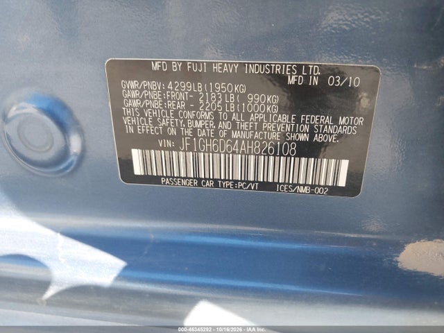 46345292 :رقم المزاد ، JF1GH6D64AH826108 vin ، 2010 Subaru Impreza Outback Sport مزاد بيع