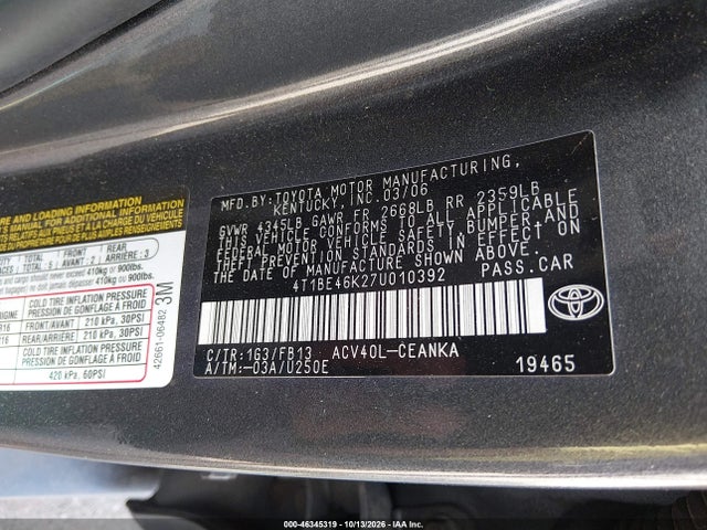Продаж на аукціоні авто 2007 Toyota Camry Le, vin: 4T1BE46K27U010392, номер лоту: 46345319