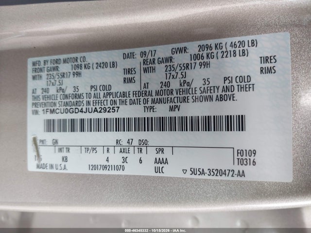 Продажа на аукционе авто 2018 Ford Escape Se, vin: 1FMCU0GD4JUA29257, номер лота: 46345332