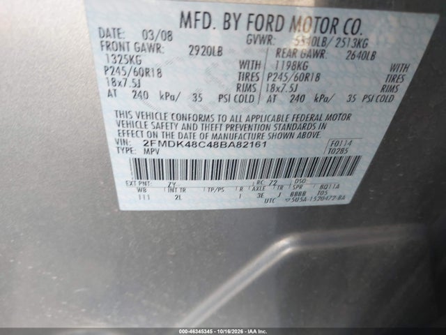 Продажа на аукционе авто 2008 Ford Edge Sel, vin: 2FMDK48C48BA82161, номер лота: 46345345