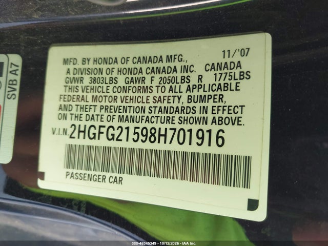 Продаж на аукціоні авто 2008 Honda Civic Si, vin: 2HGFG21598H701916, номер лоту: 46345349