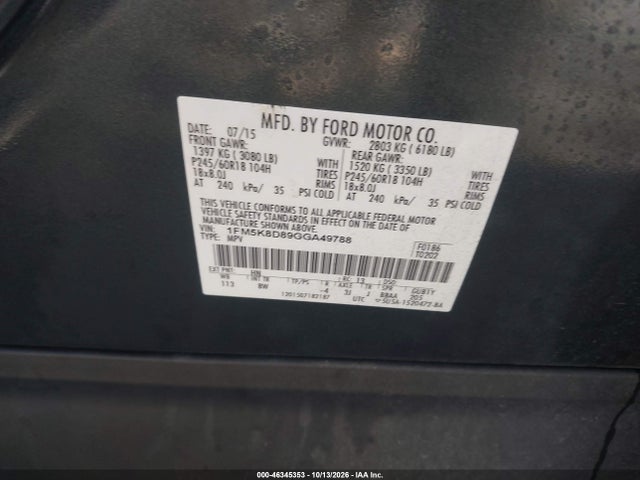 46345353 :رقم المزاد ، 1FM5K8D89GGA49788 vin ، 2016 Ford Explorer Xlt مزاد بيع