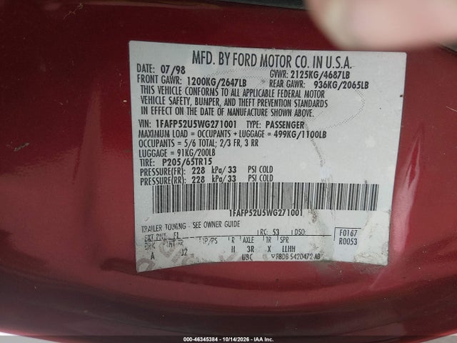 46345384 :رقم المزاد ، 1FAFP52U5WG271001 vin ، 1998 Ford Taurus Lx/se مزاد بيع