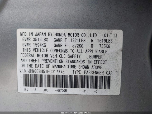Aukcja sprzedaży 2011 Honda Fit Sport, vin: JHMGE8H51BC017775, numer aukcji: 46345411