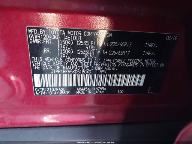46345422 :رقم المزاد ، JTMP1RFV5KD518040 vin ، 2019 Toyota Rav4 Xle مزاد بيع