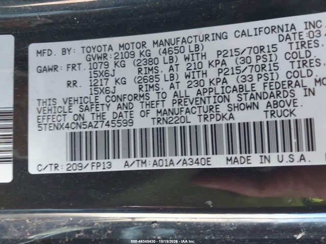 Продажа на аукционе авто 2010 Toyota Tacoma, vin: 5TENX4CN5AZ745599, номер лота: 46345430