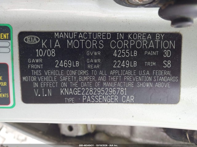46345431 :رقم المزاد ، KNAGE228295296781 vin ، 2009 Kia Optima Lx مزاد بيع