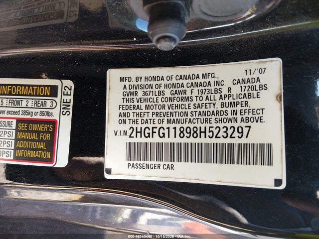 46345448 :رقم المزاد ، 2HGFG11898H523297 vin ، 2008 Honda Civic Ex مزاد بيع
