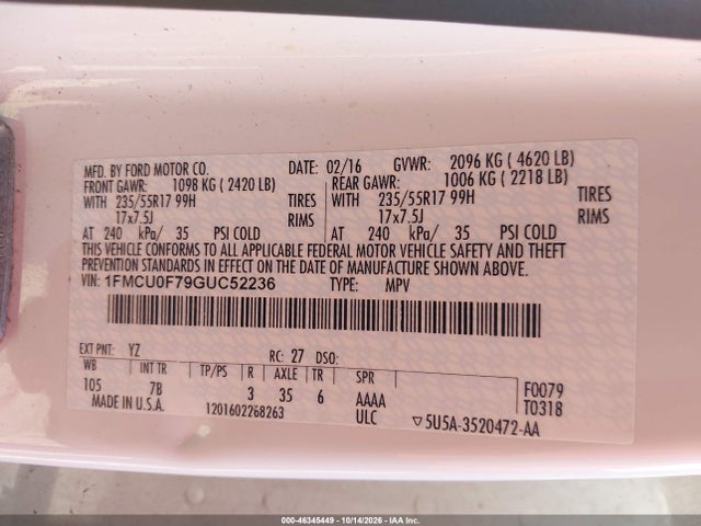 Продаж на аукціоні авто 2016 Ford Escape S, vin: 1FMCU0F79GUC52236, номер лоту: 46345449