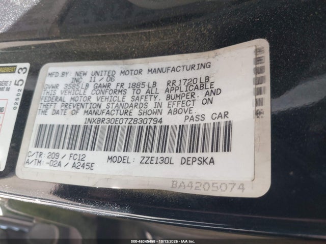 Aukcja sprzedaży 2007 Toyota Corolla S, vin: 1NXBR30E07Z830794, numer aukcji: 46345458