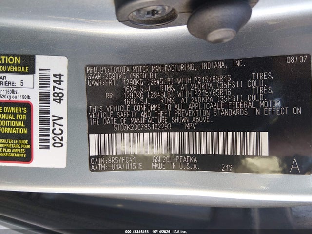 2008 Toyota Sienna Le მანქანა იყიდება აუქციონზე, vin: 5TDZK23C78S102293, აუქციონის ნომერი: 46345468