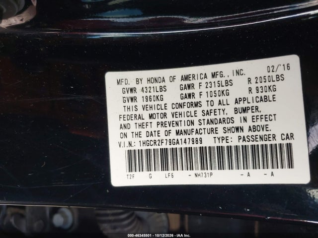 Продаж на аукціоні авто 2016 Honda Accord Ex, vin: 1HGCR2F79GA147989, номер лоту: 46345501