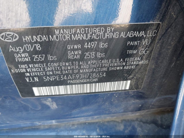Aukcja sprzedaży 2018 Hyundai Sonata Sel+, vin: 5NPE34AF9JH728654, numer aukcji: 46345516