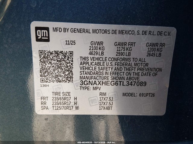 Aukcja sprzedaży 2026 Chevrolet Equinox Fwd Lt, vin: 3GNAXHEG6TL347089, numer aukcji: 46345520
