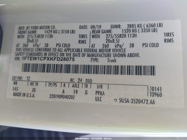 2019 Ford F-150 Xl მანქანა იყიდება აუქციონზე, vin: 1FTEW1CPXKFD28075, აუქციონის ნომერი: 46345521