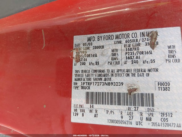 46345556 :رقم المزاد ، 1FTRF17273NB93239 vin ، 2003 Ford F-150 Xl/xlt مزاد بيع