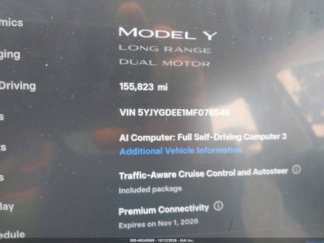 46345569 :رقم المزاد ، 5YJYGDEE1MF078546 vin ، 2021 Tesla Model Y Long Range Dual Motor All-wheel Drive مزاد بيع