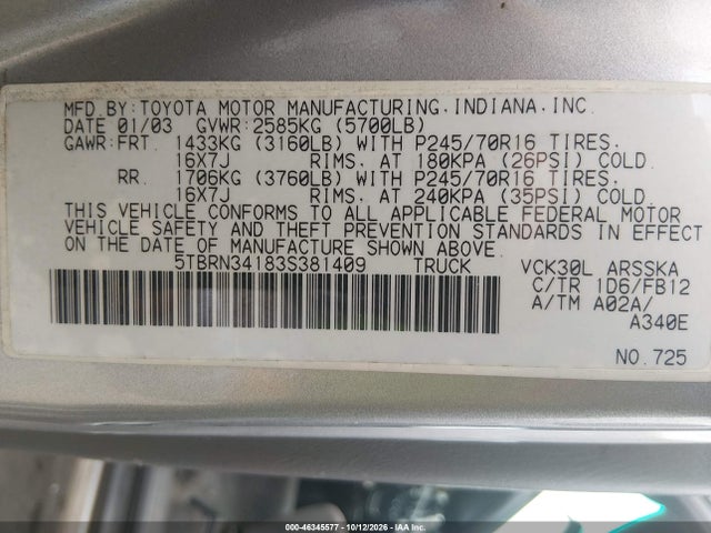 Продаж на аукціоні авто 2003 Toyota Tundra Sr5, vin: 5TBRN34183S381409, номер лоту: 46345577