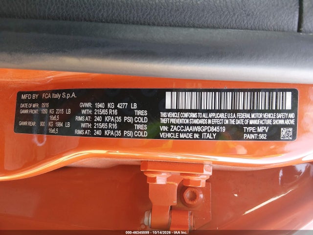 Продаж на аукціоні авто 2016 Jeep Renegade Sport, vin: ZACCJAAW8GPD84519, номер лоту: 46345599