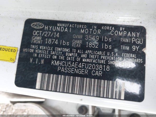 2015 Hyundai Accent Sport მანქანა იყიდება აუქციონზე, vin: KMHCU5AE4FU203818, აუქციონის ნომერი: 46345633