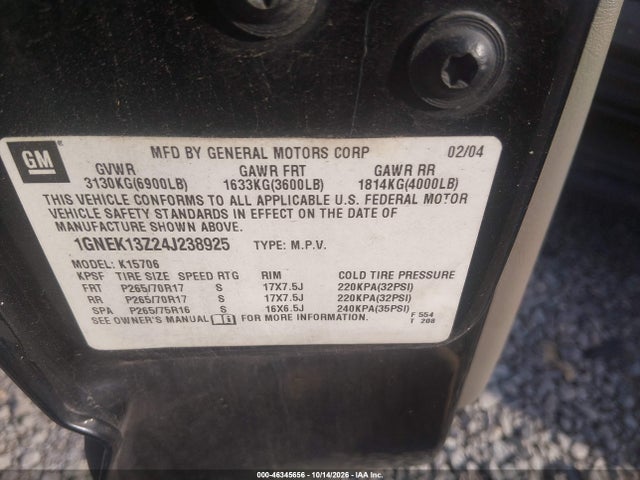 46345656 :رقم المزاد ، 1GNEK13Z24J238925 vin ، 2004 Chevrolet Tahoe Lt مزاد بيع