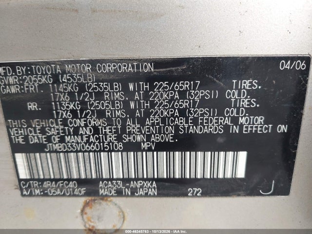 Продаж на аукціоні авто 2006 Toyota Rav4, vin: JTMBD33V066015108, номер лоту: 46345763