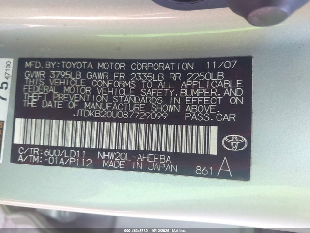 46345780 :رقم المزاد ، JTDKB20U087729099 vin ، 2008 Toyota Prius مزاد بيع