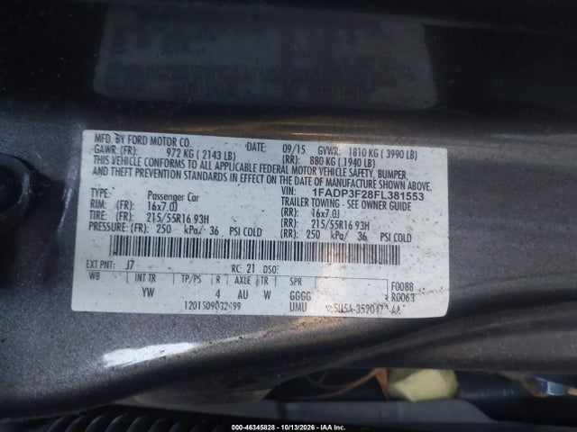 46345828 :رقم المزاد ، 1FADP3F28FL381553 vin ، 2015 Ford Focus Se مزاد بيع