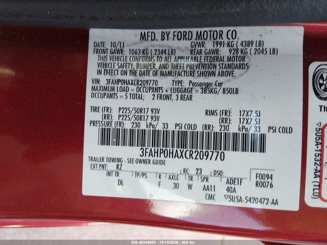 Продаж на аукціоні авто 2012 Ford Fusion Se, vin: 3FAHP0HAXCR209770, номер лоту: 46345853