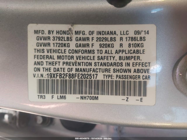 46345870 :رقم المزاد ، 19XFB2F88FE202517 vin ، 2015 Honda Civic Ex مزاد بيع