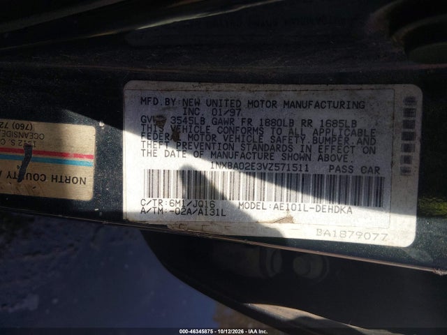 Продажа на аукционе авто 1997 Toyota Corolla Std, vin: 1NXBA02E3VZ571511, номер лота: 46345875