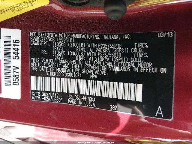 Aukcja sprzedaży 2013 Toyota Sienna Xle 7 Passenger, vin: 5TDDK3DC7DS061074, numer aukcji: 46345877