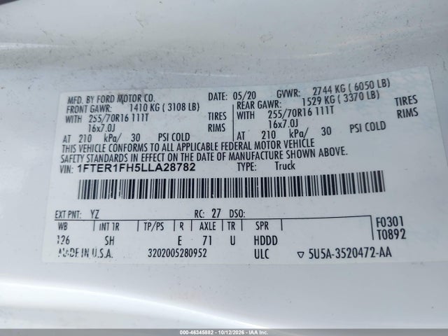 46345882 :رقم المزاد ، 1FTER1FH5LLA28782 vin ، 2020 Ford Ranger Xl مزاد بيع