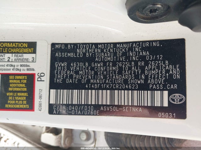 Auction sale of the 2012 Toyota Camry Le, vin: 4T4BF1FK7CR204623, lot number: 46345910